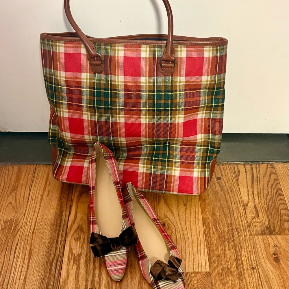 J. Crew Plaid Tote Bag with Matching Plaid Flats (Size 9) SET